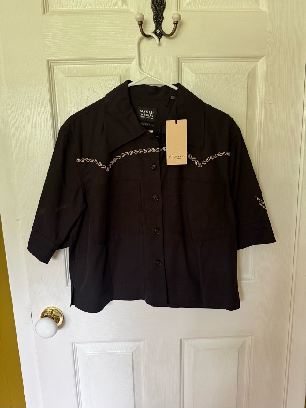 Scotch & Soda Black Short-Sleeve Button-Down with Embroidered Detail